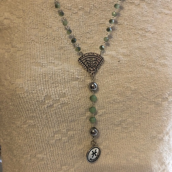 Pisces Zodiac seafoam green beaded rosary necklace handmade - Picture 3 of 7